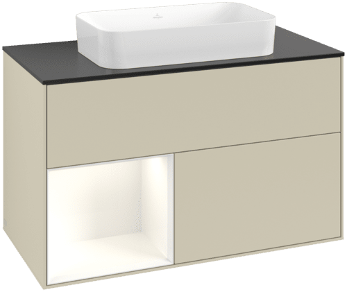 Picture of VILLEROY BOCH Finion Vanity unit, with lighting, 2 pull-out compartments, 1000 x 603 x 501 mm, Silk Grey Matt Lacquer / Glossy White Lacquer / Glass Black Matt #F652GFHJ