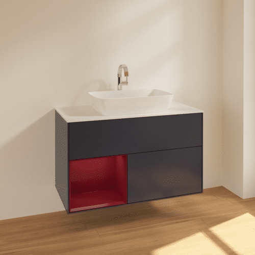 VILLEROY BOCH Finion Waschbeckenunterschrank, mit Beleuchtung, 2 Auszüge, 1000 x 603 x 501 mm, Midnight Blue Matt Lacquer / Peony Matt Lacquer / Glass White Matt #F771HBHG, Bild 2