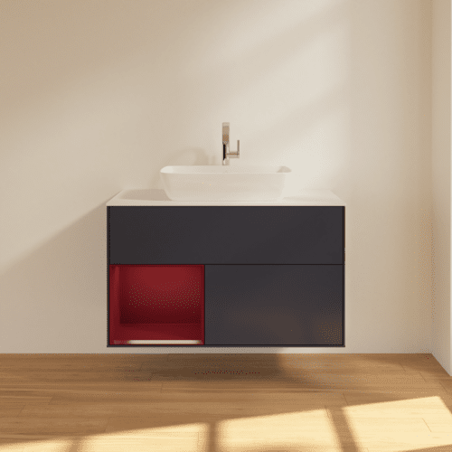 VILLEROY BOCH Finion Waschbeckenunterschrank, mit Beleuchtung, 2 Auszüge, 1000 x 603 x 501 mm, Midnight Blue Matt Lacquer / Peony Matt Lacquer / Glass White Matt #F771HBHG, Bild 3