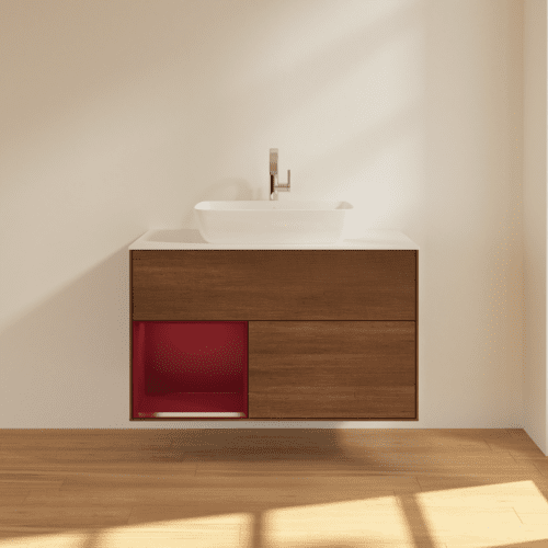 Bild von VILLEROY BOCH Finion Waschbeckenunterschrank, mit Beleuchtung, 2 Auszüge, 1000 x 603 x 501 mm, Walnut Veneer / Peony Matt Lacquer / Glass White Matt #F771HBGN