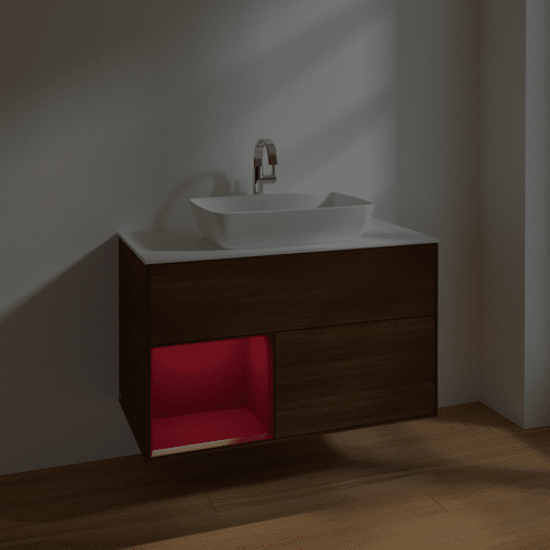 Bild von VILLEROY BOCH Finion Waschbeckenunterschrank, mit Beleuchtung, 2 Auszüge, 1000 x 603 x 501 mm, Walnut Veneer / Peony Matt Lacquer / Glass White Matt #F771HBGN