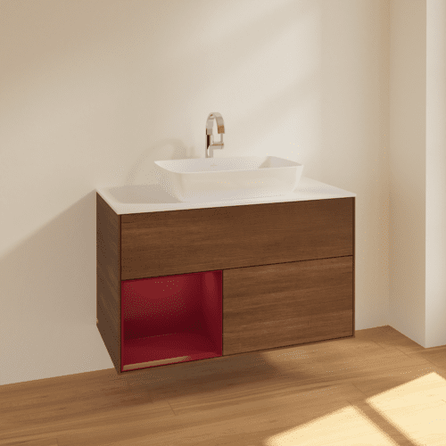 Bild von VILLEROY BOCH Finion Waschbeckenunterschrank, mit Beleuchtung, 2 Auszüge, 1000 x 603 x 501 mm, Walnut Veneer / Peony Matt Lacquer / Glass White Matt #F771HBGN