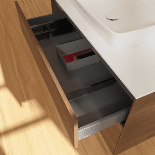 Bild von VILLEROY BOCH Finion Waschbeckenunterschrank, mit Beleuchtung, 2 Auszüge, 1000 x 603 x 501 mm, Walnut Veneer / Peony Matt Lacquer / Glass White Matt #F771HBGN