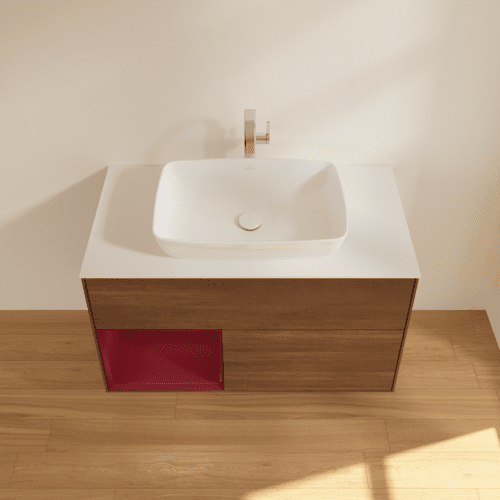 Bild von VILLEROY BOCH Finion Waschbeckenunterschrank, mit Beleuchtung, 2 Auszüge, 1000 x 603 x 501 mm, Walnut Veneer / Peony Matt Lacquer / Glass White Matt #F771HBGN
