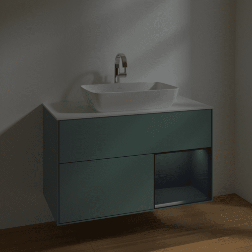 Bild von VILLEROY BOCH Finion Waschbeckenunterschrank, mit Beleuchtung, 2 Auszüge, 1000 x 603 x 501 mm, Olive Matt Lacquer / Midnight Blue Matt Lacquer / Glass White Matt #F781HGGM