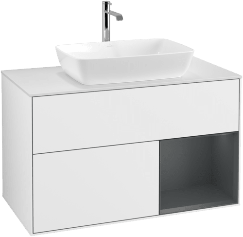 Зображення з  VILLEROY BOCH Finion Vanity unit, with lighting, 2 pull-out compartments, 1000 x 603 x 501 mm, Glossy White Lacquer / Midnight Blue Matt Lacquer / Glass White Matt #F781HGGF