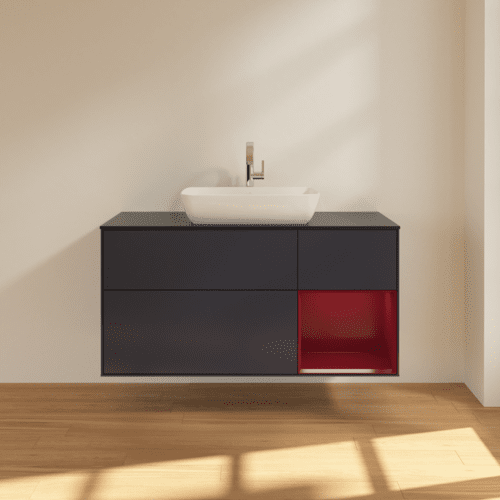 Bild von VILLEROY BOCH Finion Waschbeckenunterschrank, mit Beleuchtung, 3 Auszüge, 1200 x 603 x 501 mm, Midnight Blue Matt Lacquer / Peony Matt Lacquer / Glass Black Matt #F832HBHG