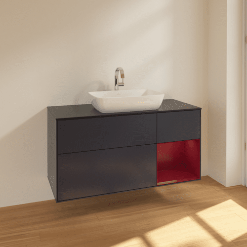 Bild von VILLEROY BOCH Finion Waschbeckenunterschrank, mit Beleuchtung, 3 Auszüge, 1200 x 603 x 501 mm, Midnight Blue Matt Lacquer / Peony Matt Lacquer / Glass Black Matt #F832HBHG
