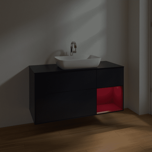 Bild von VILLEROY BOCH Finion Waschbeckenunterschrank, mit Beleuchtung, 3 Auszüge, 1200 x 603 x 501 mm, Midnight Blue Matt Lacquer / Peony Matt Lacquer / Glass Black Matt #F832HBHG