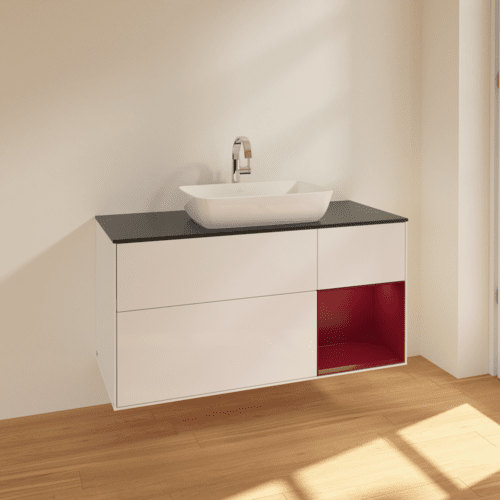Bild von VILLEROY BOCH Finion Waschbeckenunterschrank, mit Beleuchtung, 3 Auszüge, 1200 x 603 x 501 mm, Glossy White Lacquer / Peony Matt Lacquer / Glass Black Matt #F832HBGF