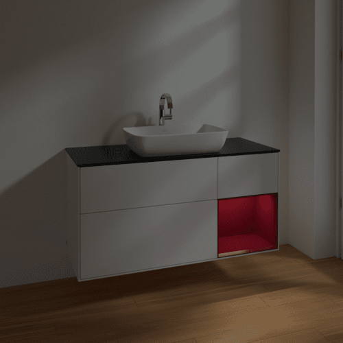 Bild von VILLEROY BOCH Finion Waschbeckenunterschrank, mit Beleuchtung, 3 Auszüge, 1200 x 603 x 501 mm, Glossy White Lacquer / Peony Matt Lacquer / Glass Black Matt #F832HBGF