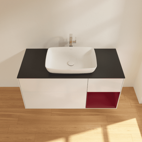 Bild von VILLEROY BOCH Finion Waschbeckenunterschrank, mit Beleuchtung, 3 Auszüge, 1200 x 603 x 501 mm, Glossy White Lacquer / Peony Matt Lacquer / Glass Black Matt #F832HBGF