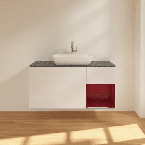 Bild von VILLEROY BOCH Finion Waschbeckenunterschrank, mit Beleuchtung, 3 Auszüge, 1200 x 603 x 501 mm, Glossy White Lacquer / Peony Matt Lacquer / Glass Black Matt #F832HBGF