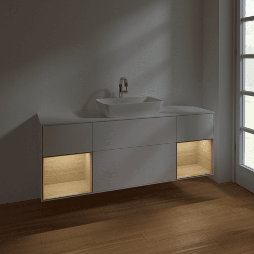 Bild von VILLEROY BOCH Finion Waschbeckenunterschrank, mit Beleuchtung, 4 Auszüge, 1600 x 603 x 501 mm, White Matt Lacquer / Oak Veneer / Glass White Matt #F861PCMT