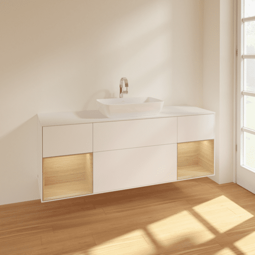 Bild von VILLEROY BOCH Finion Waschbeckenunterschrank, mit Beleuchtung, 4 Auszüge, 1600 x 603 x 501 mm, White Matt Lacquer / Oak Veneer / Glass White Matt #F861PCMT