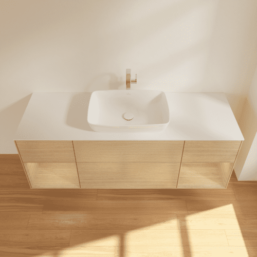 Bild von VILLEROY BOCH Finion Waschbeckenunterschrank, mit Beleuchtung, 4 Auszüge, 1600 x 603 x 501 mm, Oak Veneer / Oak Veneer / Glass White Matt #F861PCPC