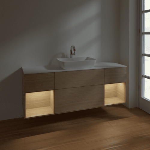 Bild von VILLEROY BOCH Finion Waschbeckenunterschrank, mit Beleuchtung, 4 Auszüge, 1600 x 603 x 501 mm, Oak Veneer / Oak Veneer / Glass White Matt #F861PCPC