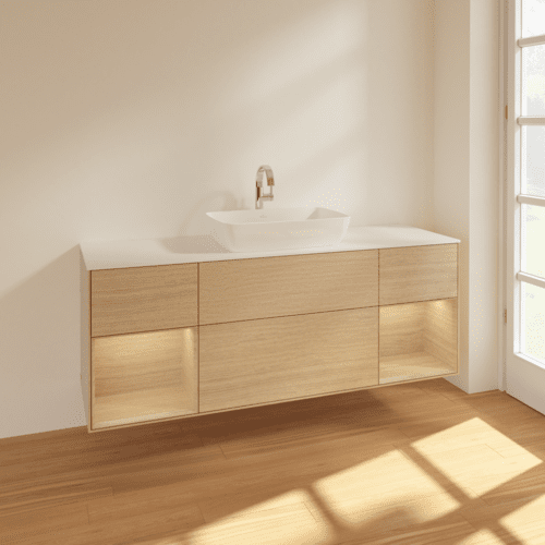 Bild von VILLEROY BOCH Finion Waschbeckenunterschrank, mit Beleuchtung, 4 Auszüge, 1600 x 603 x 501 mm, Oak Veneer / Oak Veneer / Glass White Matt #F861PCPC