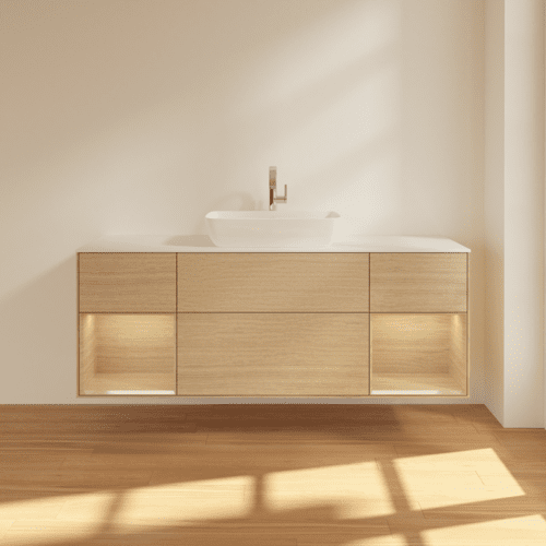 Bild von VILLEROY BOCH Finion Waschbeckenunterschrank, mit Beleuchtung, 4 Auszüge, 1600 x 603 x 501 mm, Oak Veneer / Oak Veneer / Glass White Matt #F861PCPC