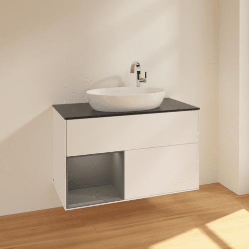 Bild von VILLEROY BOCH Finion Waschbeckenunterschrank, mit Beleuchtung, 2 Auszüge, 1000 x 603 x 501 mm, White Matt Lacquer / Anthracite Matt Lacquer / Glass Black Matt #F892GKMT