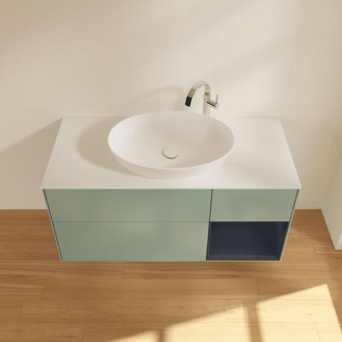 Bild von VILLEROY BOCH Finion Waschbeckenunterschrank, mit Beleuchtung, 3 Auszüge, 1200 x 603 x 501 mm, Olive Matt Lacquer / Midnight Blue Matt Lacquer / Glass White Matt #F951HGGM
