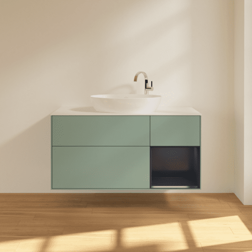 Bild von VILLEROY BOCH Finion Waschbeckenunterschrank, mit Beleuchtung, 3 Auszüge, 1200 x 603 x 501 mm, Olive Matt Lacquer / Midnight Blue Matt Lacquer / Glass White Matt #F951HGGM