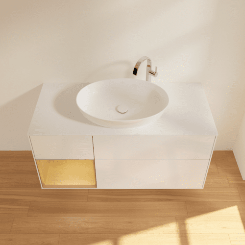 Bild von VILLEROY BOCH Finion Waschbeckenunterschrank, mit Beleuchtung, 3 Auszüge, 1200 x 603 x 501 mm, Glossy White Lacquer / Gold Matt Lacquer / Glass White Matt #F941HFGF