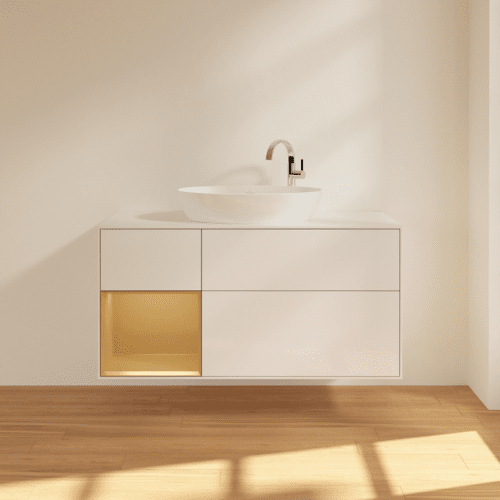 Bild von VILLEROY BOCH Finion Waschbeckenunterschrank, mit Beleuchtung, 3 Auszüge, 1200 x 603 x 501 mm, Glossy White Lacquer / Gold Matt Lacquer / Glass White Matt #F941HFGF