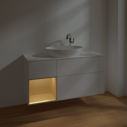 Bild von VILLEROY BOCH Finion Waschbeckenunterschrank, mit Beleuchtung, 3 Auszüge, 1200 x 603 x 501 mm, Glossy White Lacquer / Gold Matt Lacquer / Glass White Matt #F941HFGF