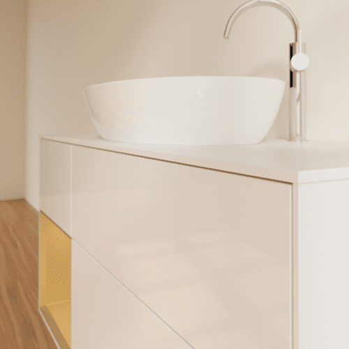 Bild von VILLEROY BOCH Finion Waschbeckenunterschrank, mit Beleuchtung, 3 Auszüge, 1200 x 603 x 501 mm, Glossy White Lacquer / Gold Matt Lacquer / Glass White Matt #F941HFGF