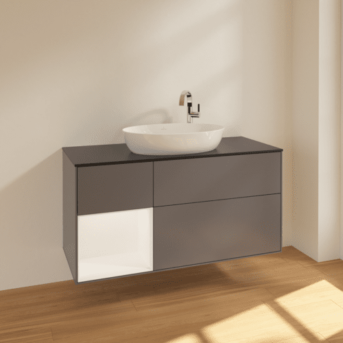 Bild von VILLEROY BOCH Finion Waschbeckenunterschrank, mit Beleuchtung, 3 Auszüge, 1200 x 603 x 501 mm, Anthracite Matt Lacquer / White Matt Lacquer / Glass Black Matt #F942MTGK