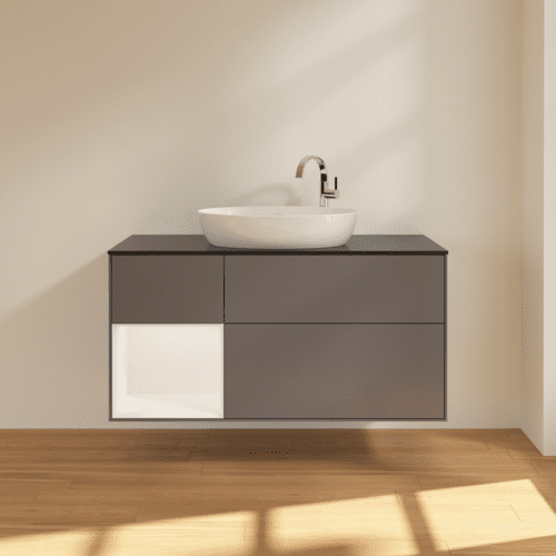 Bild von VILLEROY BOCH Finion Waschbeckenunterschrank, mit Beleuchtung, 3 Auszüge, 1200 x 603 x 501 mm, Anthracite Matt Lacquer / White Matt Lacquer / Glass Black Matt #F942MTGK