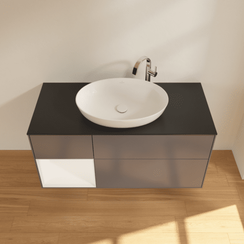 Bild von VILLEROY BOCH Finion Waschbeckenunterschrank, mit Beleuchtung, 3 Auszüge, 1200 x 603 x 501 mm, Anthracite Matt Lacquer / White Matt Lacquer / Glass Black Matt #F942MTGK
