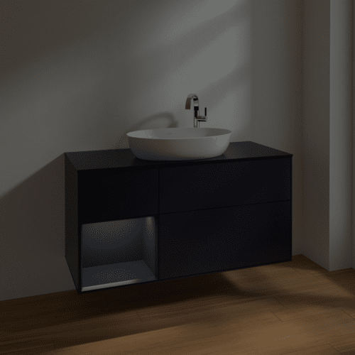 Bild von VILLEROY BOCH Finion Waschbeckenunterschrank, mit Beleuchtung, 3 Auszüge, 1200 x 603 x 501 mm, Midnight Blue Matt Lacquer / Midnight Blue Matt Lacquer / Glass Black Matt #F942HGHG