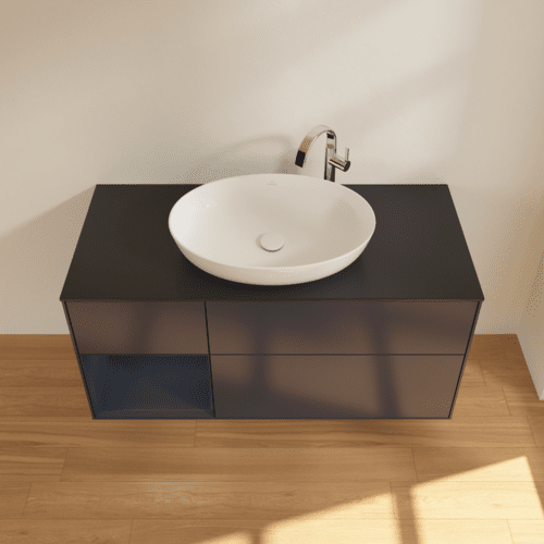 Bild von VILLEROY BOCH Finion Waschbeckenunterschrank, mit Beleuchtung, 3 Auszüge, 1200 x 603 x 501 mm, Midnight Blue Matt Lacquer / Midnight Blue Matt Lacquer / Glass Black Matt #F942HGHG