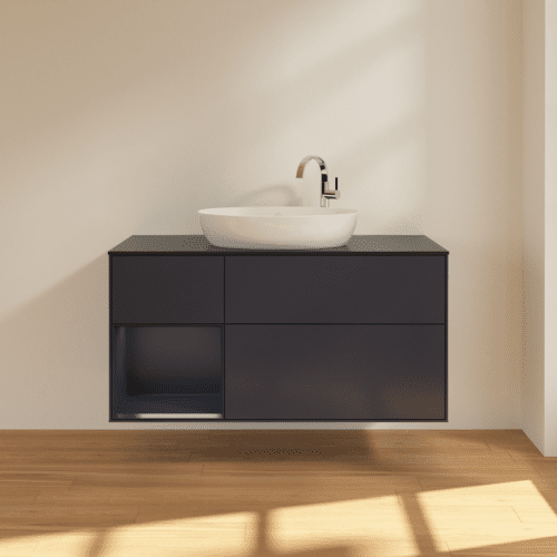 Bild von VILLEROY BOCH Finion Waschbeckenunterschrank, mit Beleuchtung, 3 Auszüge, 1200 x 603 x 501 mm, Midnight Blue Matt Lacquer / Midnight Blue Matt Lacquer / Glass Black Matt #F942HGHG