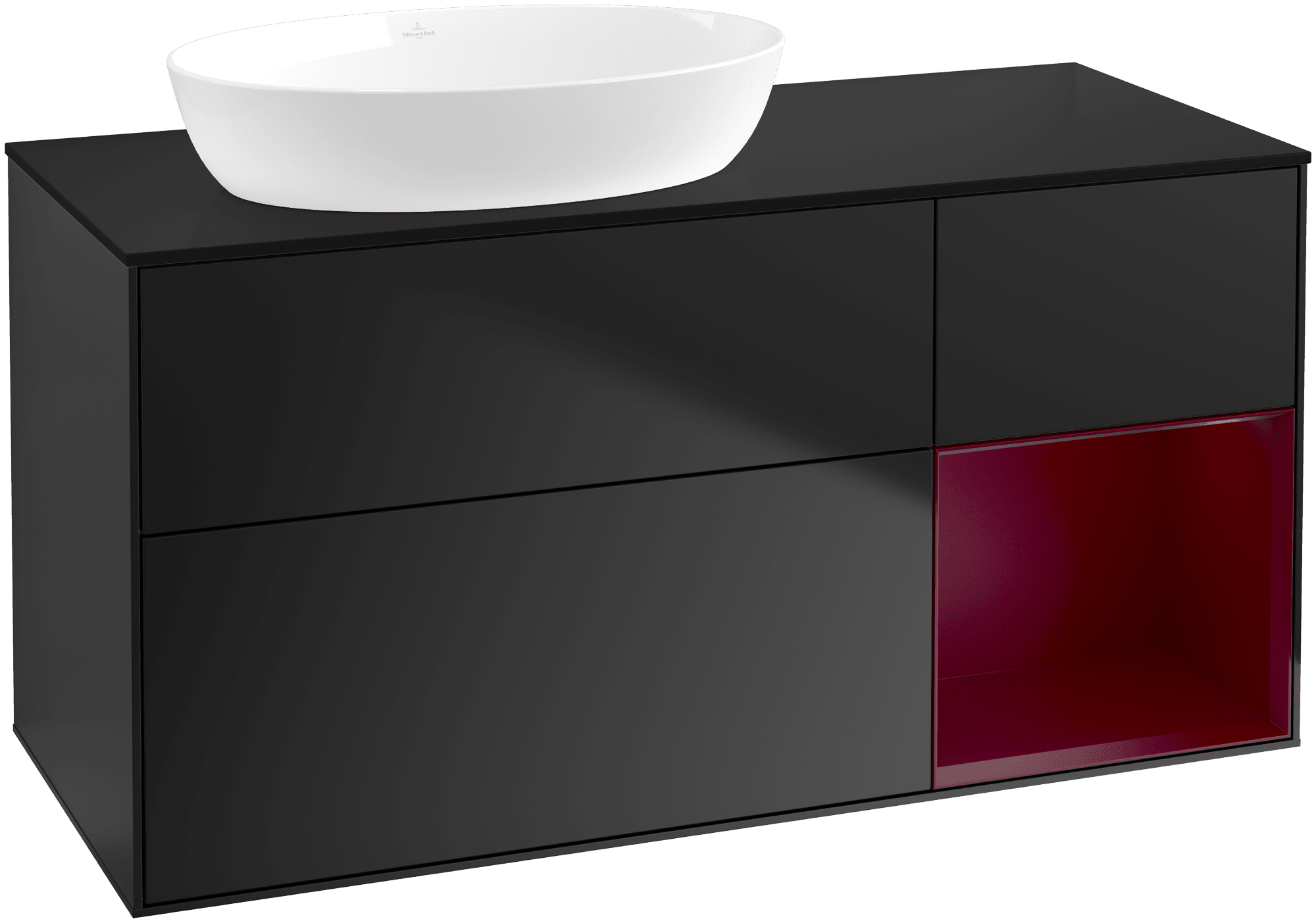 εικόνα του VILLEROY BOCH Finion Vanity unit, with lighting, 3 pull-out compartments, 1200 x 603 x 501 mm, Black Matt Lacquer / Peony Matt Lacquer / Glass Black Matt #FA52HBPD