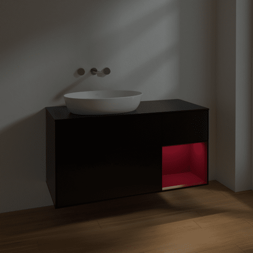 Bild von VILLEROY BOCH Finion Waschbeckenunterschrank, mit Beleuchtung, 3 Auszüge, 1200 x 603 x 501 mm, Black Matt Lacquer / Peony Matt Lacquer / Glass Black Matt #FA52HBPD