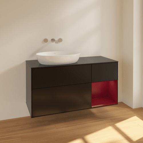 Bild von VILLEROY BOCH Finion Waschbeckenunterschrank, mit Beleuchtung, 3 Auszüge, 1200 x 603 x 501 mm, Black Matt Lacquer / Peony Matt Lacquer / Glass Black Matt #FA52HBPD