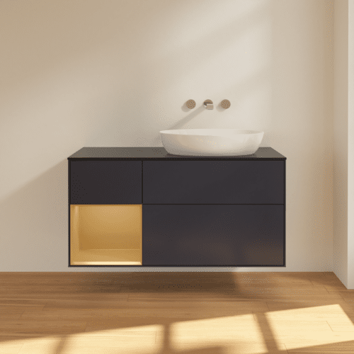 Bild von VILLEROY BOCH Finion Waschbeckenunterschrank, mit Beleuchtung, 3 Auszüge, 1200 x 603 x 501 mm, Midnight Blue Matt Lacquer / Gold Matt Lacquer / Glass Black Matt #FA42HFHG