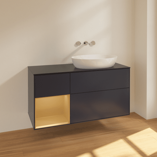 Bild von VILLEROY BOCH Finion Waschbeckenunterschrank, mit Beleuchtung, 3 Auszüge, 1200 x 603 x 501 mm, Midnight Blue Matt Lacquer / Gold Matt Lacquer / Glass Black Matt #FA42HFHG