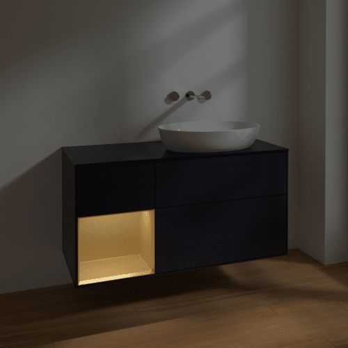 Bild von VILLEROY BOCH Finion Waschbeckenunterschrank, mit Beleuchtung, 3 Auszüge, 1200 x 603 x 501 mm, Midnight Blue Matt Lacquer / Gold Matt Lacquer / Glass Black Matt #FA42HFHG