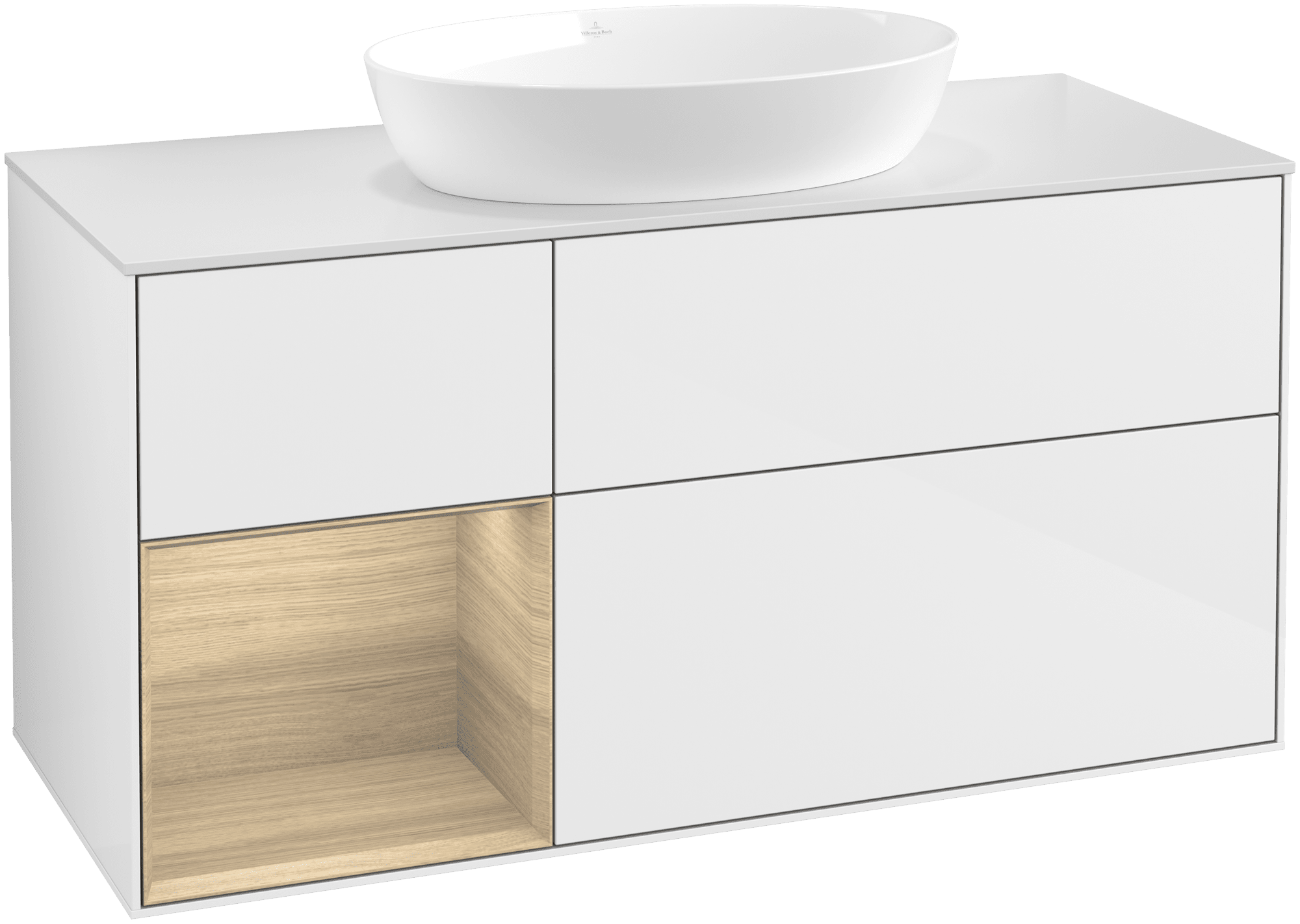 Зображення з  VILLEROY BOCH Finion Vanity unit, with lighting, 3 pull-out compartments, 1200 x 603 x 501 mm, Glossy White Lacquer / Oak Veneer / Glass White Matt #FA61PCGF