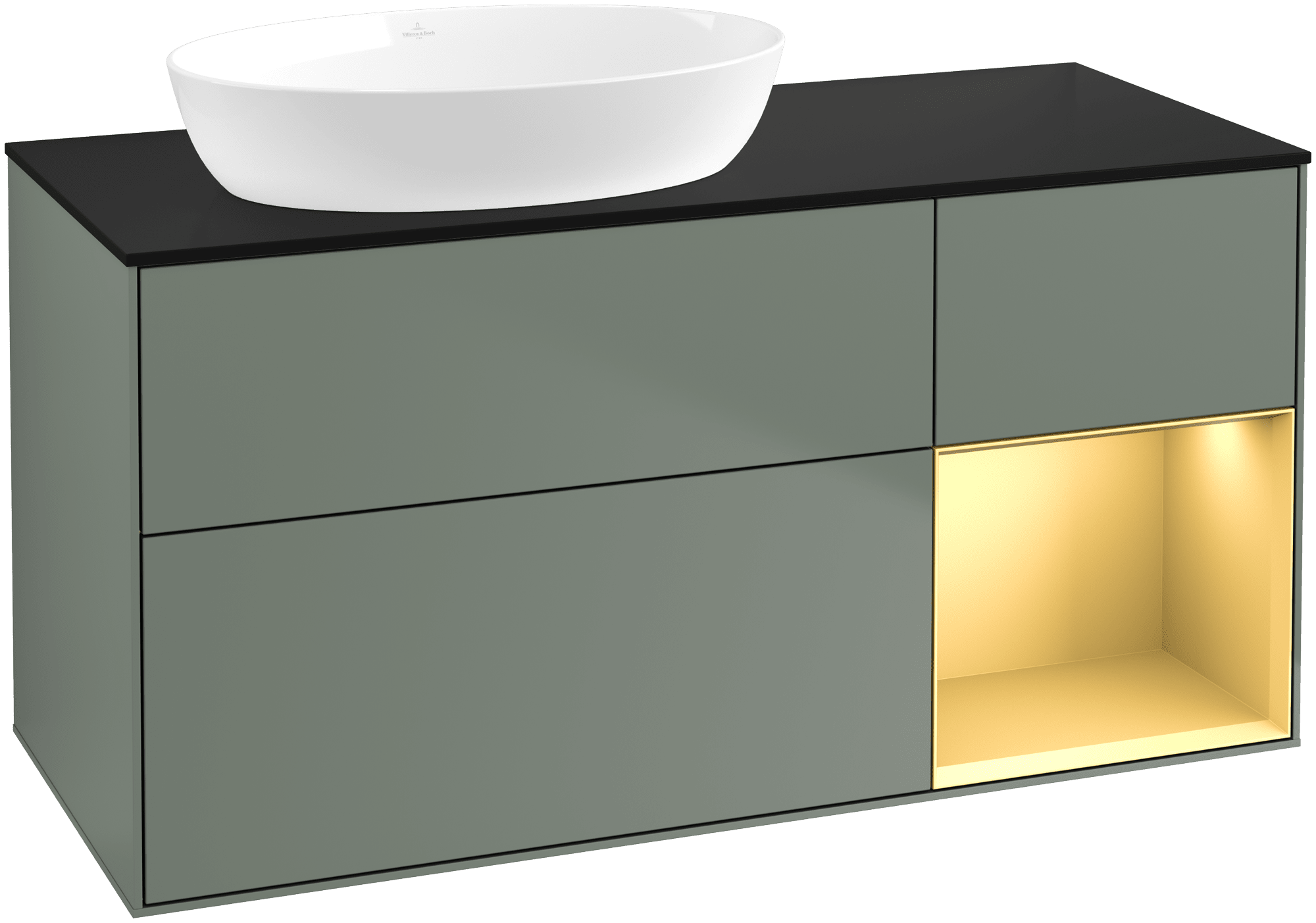 Obrázek VILLEROY BOCH Finion Vanity unit, with lighting, 3 pull-out compartments, 1200 x 603 x 501 mm, Olive Matt Lacquer / Gold Matt Lacquer / Glass Black Matt #FA52HFGM
