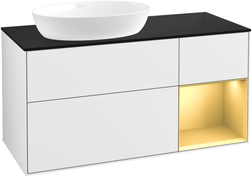 Obrázek VILLEROY BOCH Finion Vanity unit, with lighting, 3 pull-out compartments, 1200 x 603 x 501 mm, Glossy White Lacquer / Gold Matt Lacquer / Glass Black Matt #FA52HFGF