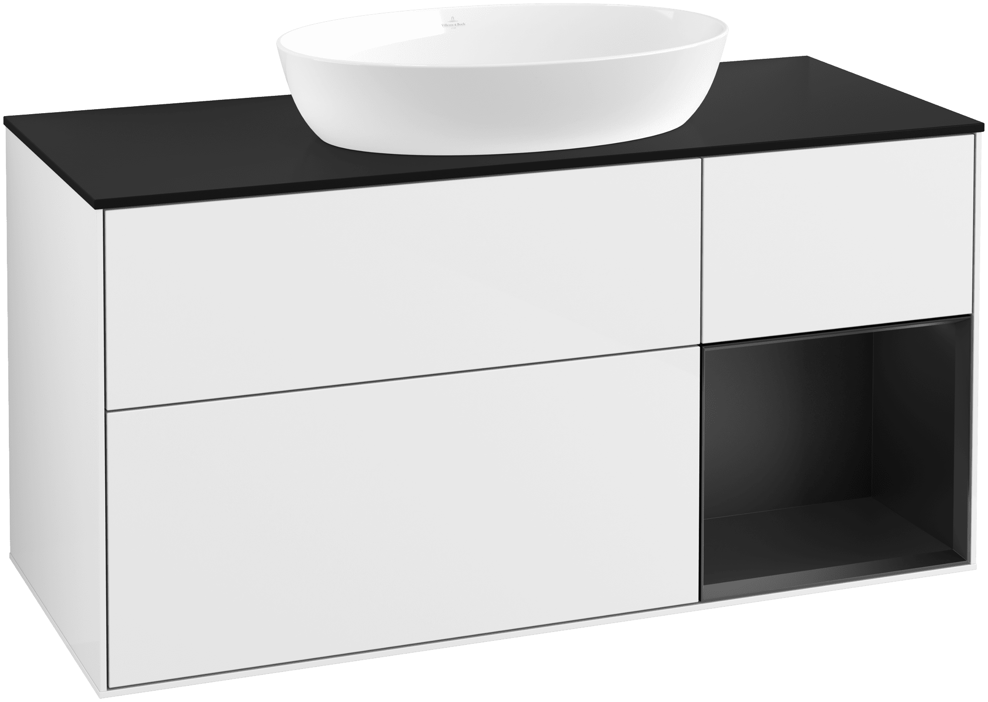 Picture of VILLEROY BOCH Finion Vanity unit, with lighting, 3 pull-out compartments, 1200 x 603 x 501 mm, Glossy White Lacquer / Black Matt Lacquer / Glass Black Matt #FA72PDGF