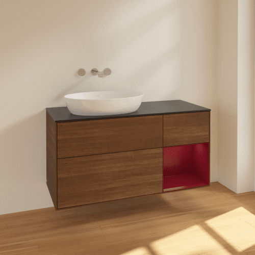 VILLEROY BOCH Finion Waschbeckenunterschrank, mit Beleuchtung, 3 Auszüge, 1200 x 603 x 501 mm, Walnut Veneer / Peony Matt Lacquer / Glass Black Matt #FA52HBGN, Bild 2