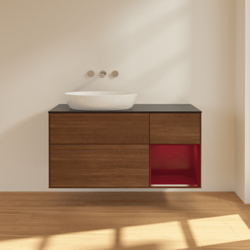 VILLEROY BOCH Finion Waschbeckenunterschrank, mit Beleuchtung, 3 Auszüge, 1200 x 603 x 501 mm, Walnut Veneer / Peony Matt Lacquer / Glass Black Matt #FA52HBGN, Bild 3