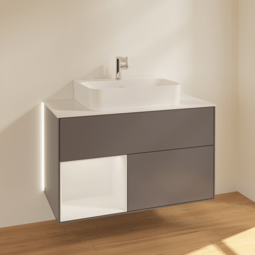 VILLEROY BOCH Finion Waschbeckenunterschrank, mit Beleuchtung, 2 Auszüge, 1000 x 603 x 501 mm, Anthracite Matt Lacquer / Glossy White Lacquer / Glass White Matt #G111GFGK, Bild 2