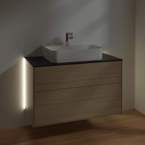 Bild von VILLEROY BOCH Finion Waschbeckenunterschrank, mit Beleuchtung, 2 Auszüge, 1000 x 603 x 501 mm, Oak Veneer / Glass Black Matt #G10200PC